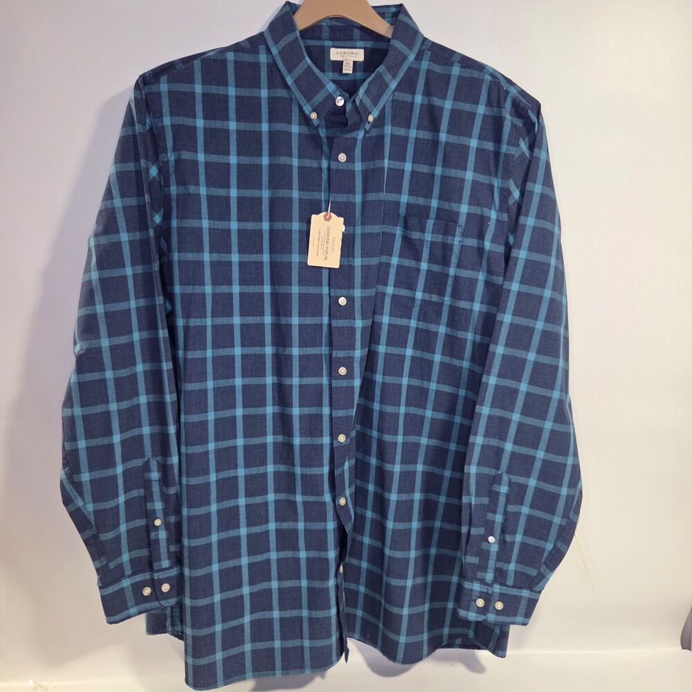 Sonoma Men's Blue Plaid Long Sleeve Button Front Shirt 3XL Tall Everyday Poplin